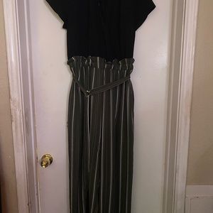 Olive Green, Black, and White striped jumpsuit.